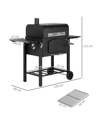 Outsunny Charcoal Barbecue Grill Trolley Garden Smoker with Shelves, Adjustable Height, Thermometer on Lid, Opener and Wheels 84