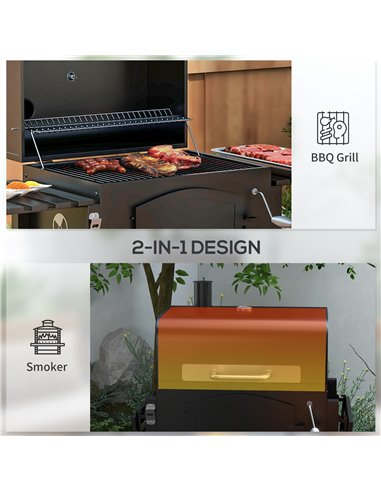 Outsunny Charcoal Barbecue Grill Trolley Garden Smoker with Shelves, Adjustable Height, Thermometer on Lid, Opener and Wheels 84