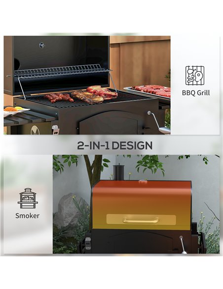 Outsunny Charcoal Barbecue Grill Trolley Garden Smoker with Shelves, Adjustable Height, Thermometer on Lid, Opener and Wheels 84 - pic 54003 | FastDaddyshop