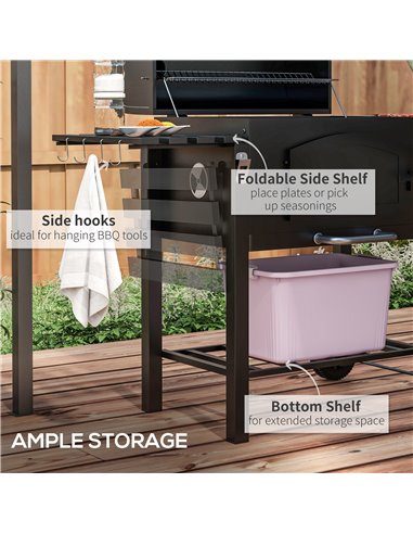 Outsunny Charcoal Barbecue Grill Trolley Garden Smoker with Shelves, Adjustable Height, Thermometer on Lid, Opener and Wheels 84