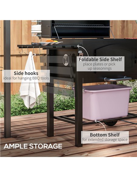 Outsunny Charcoal Barbecue Grill Trolley Garden Smoker with Shelves, Adjustable Height, Thermometer on Lid, Opener and Wheels 84 - pic 54005 | FastDaddyshop