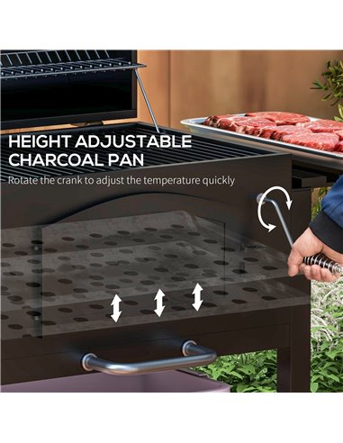 Outsunny Charcoal Barbecue Grill Trolley Garden Smoker with Shelves, Adjustable Height, Thermometer on Lid, Opener and Wheels 84