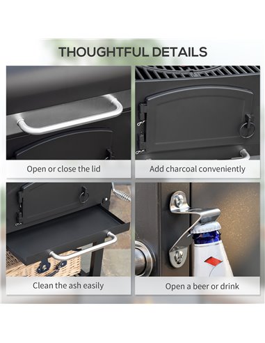 Outsunny Charcoal Barbecue Grill Trolley Garden Smoker with Shelves, Adjustable Height, Thermometer on Lid, Opener and Wheels 84