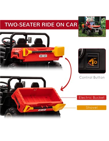 HOMCOM 12V Two-Seater Kids Electric Ride-On Car, with Electric Bucket, Remote Control - Red