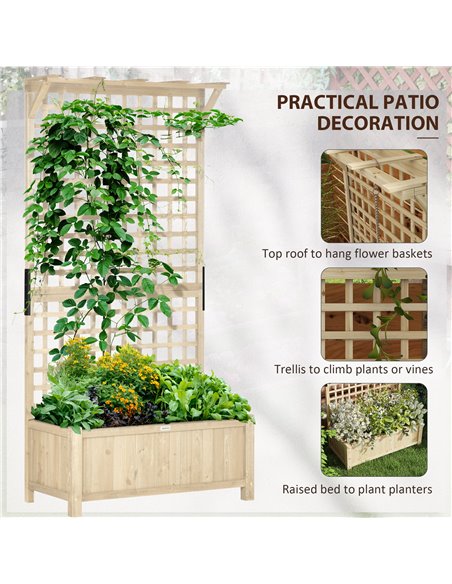 Outsunny Raised Bed with Drainage Holes, Wood Planter with Trellis for Climbing Plants to Grow Vegetables, Flowers, Natural 845- - pic 54300 | FastDaddyshop