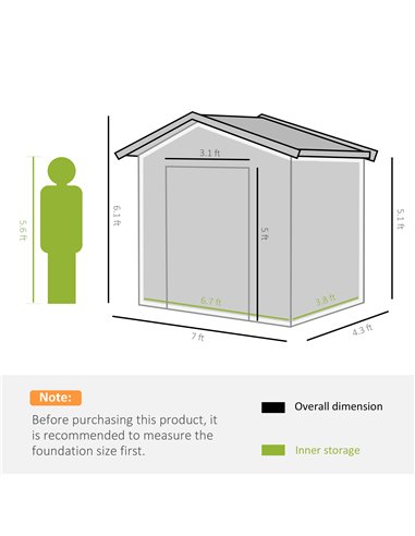 Outsunny 7ft x 4ft Lockable Garden Shed Large Patio Roofed Tool Metal Storage Building Foundation Sheds Box Outdoor Furniture, G