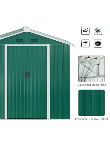 Outsunny 6.5ft x 3.5ft Metal Garden Storage Shed for Outdoor Tool Storage with Double Sliding Doors and 4 Vents, Green 845-425GN
