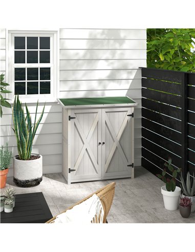 Outsunny Wooden Garden Shed Storage Shed Fir Tool Cabinet with Shelves Double Door Light Grey 845-324V01LG