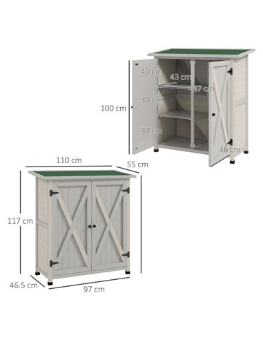 Outsunny Wooden Garden Shed Storage Shed Fir Tool Cabinet with Shelves Double Door Light Grey 845-324V01LG