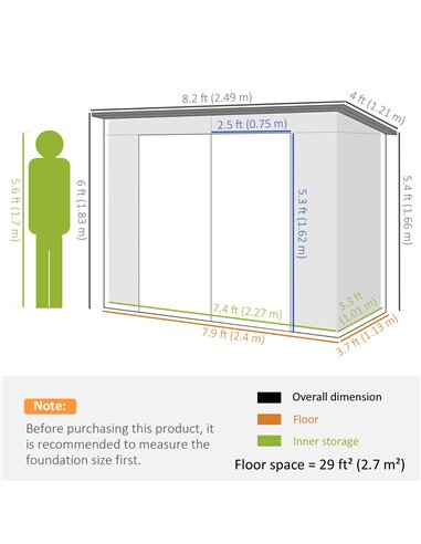 Outsunny 8 x 4FT Galvanised Garden Storage Shed, Metal Outdoor Shed with Double Doors and 2 Vents, Green 84H-118V00GN