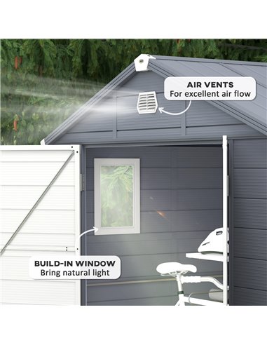 Outsunny 8 x 6ft Garden Shed with Foundation Kit, Polypropylene Outdoor Storage Tool House with Ventilation Slots and Lockable D