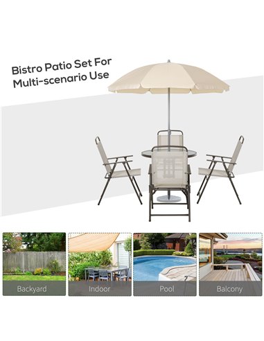 Outsunny Garden Patio Texteline Folding Chairs Plus Table and Parasol Furniture Bistro Set - Beige (6-Piece) 01-0708