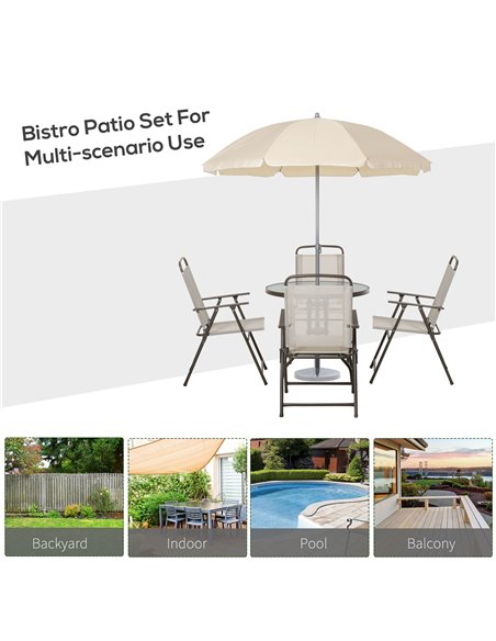 Outsunny Garden Patio Texteline Folding Chairs Plus Table and Parasol Furniture Bistro Set - Beige (6-Piece) 01-0708 - pic 54519 | FastDaddyshop