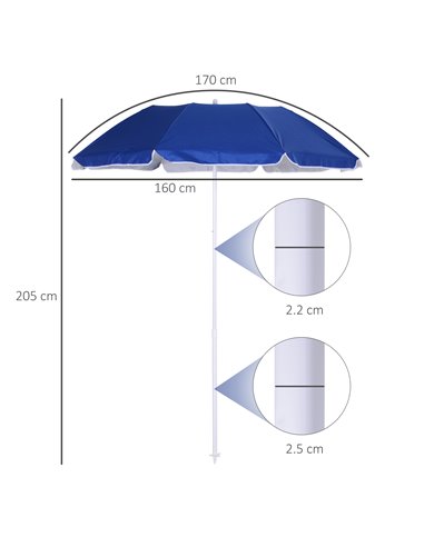 Outsunny Tilted Beach Parasol, 1.7m x 2m, with Steel Frame for UV Protection, Easy to Adjust, Blue 84D-069BU