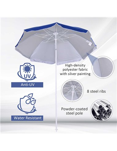 Outsunny Tilted Beach Parasol, 1.7m x 2m, with Steel Frame for UV Protection, Easy to Adjust, Blue 84D-069BU