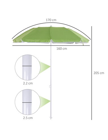 Outsunny 1.7m x 2m Tilted Steel Frame Beach Parasol Green 84D-069GN