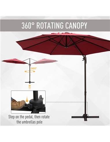 Outsunny 3m Cantilever Aluminium Frame 360 Rotation Hanging Parasol w/ Cross Base Wine Red 840-126WR