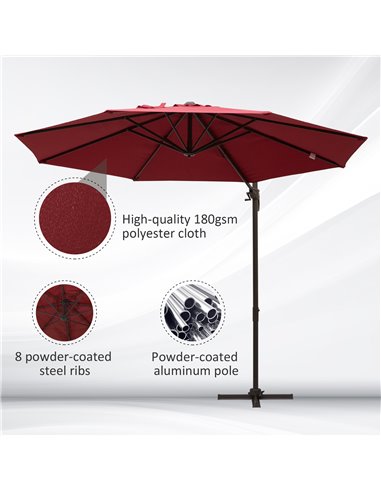 Outsunny 3m Cantilever Aluminium Frame 360 Rotation Hanging Parasol w/ Cross Base Wine Red 840-126WR