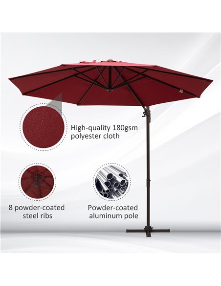 Outsunny 3m Cantilever Aluminium Frame 360 Rotation Hanging Parasol w/ Cross Base Wine Red 840-126WR - pic 54617 | FastDaddyshop