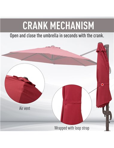 Outsunny 3m Cantilever Aluminium Frame 360 Rotation Hanging Parasol w/ Cross Base Wine Red 840-126WR