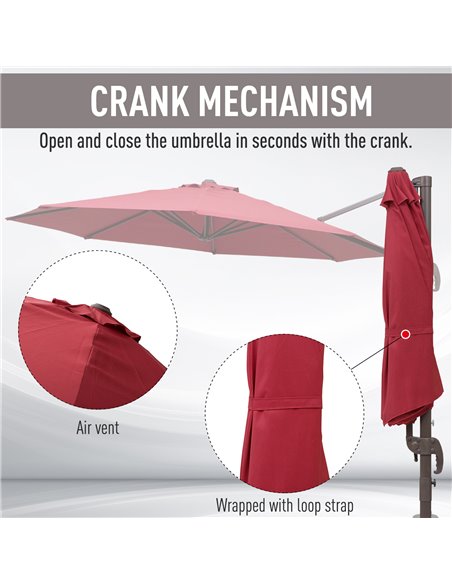 Outsunny 3m Cantilever Aluminium Frame 360 Rotation Hanging Parasol w/ Cross Base Wine Red 840-126WR - pic 54618 | FastDaddyshop