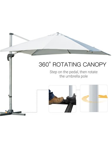 Outsunny 3m Cantilever Roma Parasol Aluminium Frame 360 Rotation Hanging Parasol with/ Cross Base White 84D-086WT