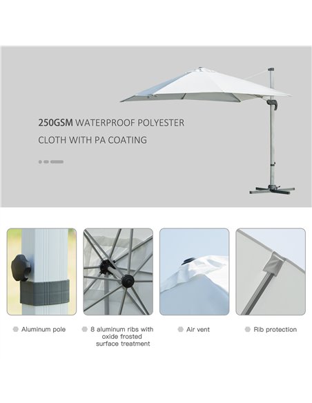 Outsunny 3m Cantilever Roma Parasol Aluminium Frame 360 Rotation Hanging Parasol with/ Cross Base White 84D-086WT - pic 54626 | FastDaddyshop