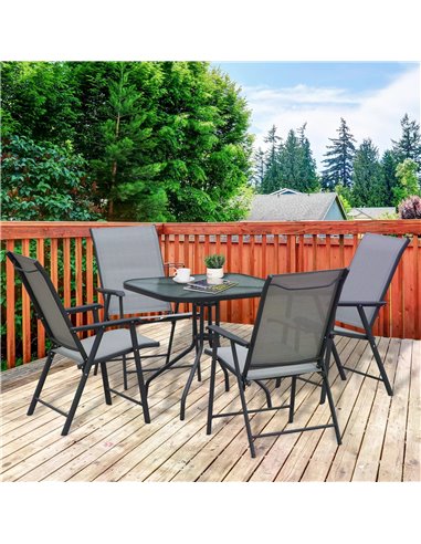 Outsunny 5pcs Classic Outdoor Dining Set Steel Frames w/ 4 Folding Chairs Glass Top Table Texteline Seats Parasol Hole Garden Di