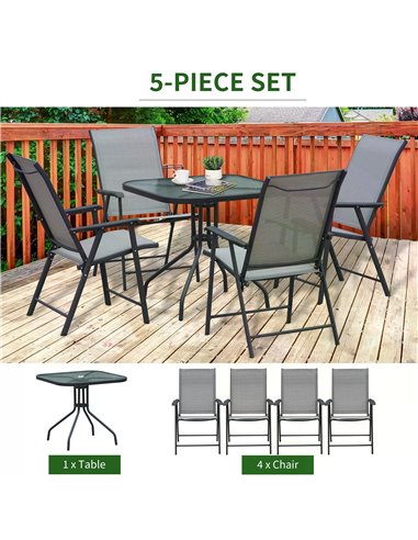 Outsunny 5pcs Classic Outdoor Dining Set Steel Frames w/ 4 Folding Chairs Glass Top Table Texteline Seats Parasol Hole Garden Di