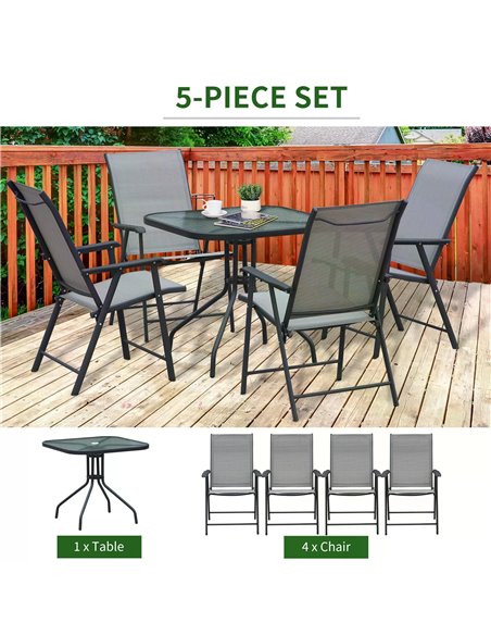 Outsunny 5pcs Classic Outdoor Dining Set Steel Frames w/ 4 Folding Chairs Glass Top Table Texteline Seats Parasol Hole Garden Di - pic 54642 | FastDaddyshop