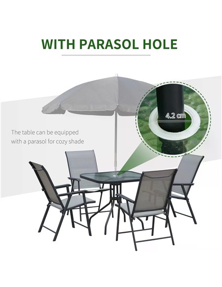 Outsunny 5pcs Classic Outdoor Dining Set Steel Frames w/ 4 Folding Chairs Glass Top Table Texteline Seats Parasol Hole Garden Di - pic 54643 | FastDaddyshop
