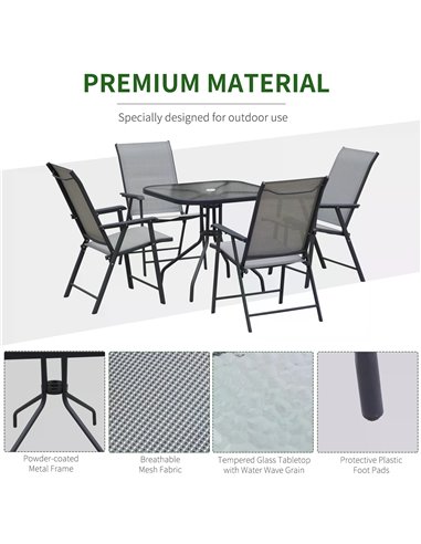 Outsunny 5pcs Classic Outdoor Dining Set Steel Frames w/ 4 Folding Chairs Glass Top Table Texteline Seats Parasol Hole Garden Di