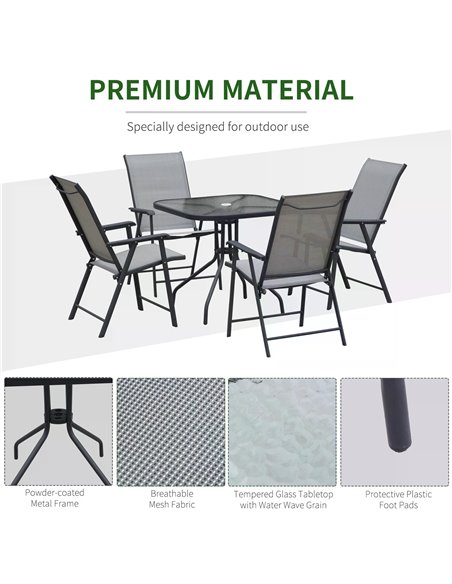 Outsunny 5pcs Classic Outdoor Dining Set Steel Frames w/ 4 Folding Chairs Glass Top Table Texteline Seats Parasol Hole Garden Di - pic 54645 | FastDaddyshop