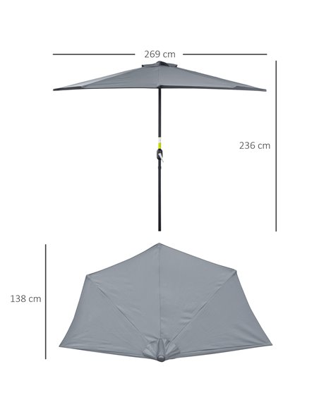Outsunny 2.7m Balcony Half Parasol 5 Steel Ribs Construction Garden Outdoor Umbrella Grey 84D-007GY - pic 54650 | FastDaddyshop
