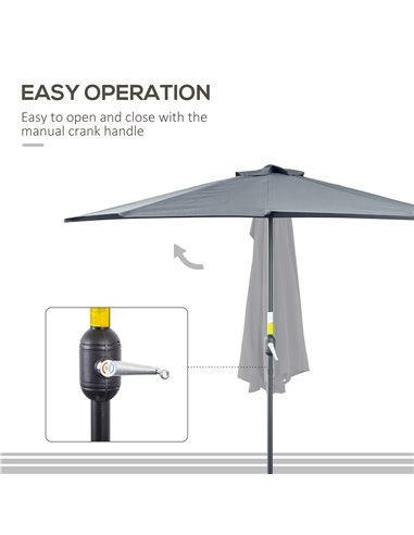 Outsunny 2.7m Balcony Half Parasol 5 Steel Ribs Construction Garden Outdoor Umbrella Grey 84D-007GY