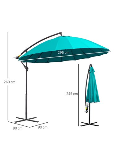 Outsunny 3(m) Cantilever Shanghai Parasol Garden Hanging Banana Sun Umbrella with Crank Handle, 18 Sturdy Ribs and Cross Base, T