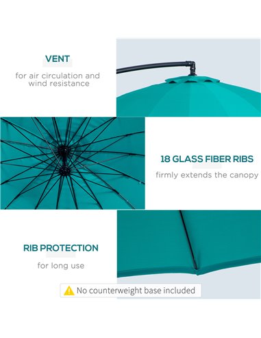 Outsunny 3(m) Cantilever Shanghai Parasol Garden Hanging Banana Sun Umbrella with Crank Handle, 18 Sturdy Ribs and Cross Base, T