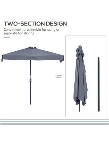 Outsunny 2.3m Half Parasol Semi Round Umbrella Patio Metal Frame Crank Handle for Balcony-- NO BASE INCLUDED, Grey 84D-008V01CG