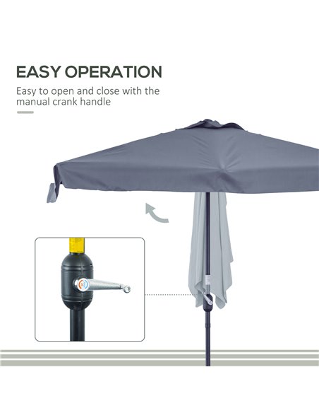 Outsunny 2.3m Half Parasol Semi Round Umbrella Patio Metal Frame Crank Handle for Balcony-- NO BASE INCLUDED, Grey 84D-008V01CG - pic 54688 | FastDaddyshop