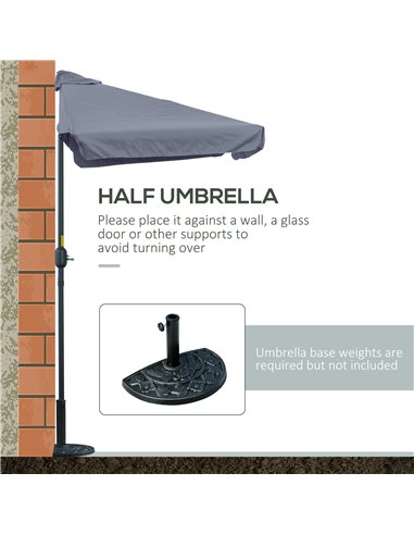 Outsunny 2.3m Half Parasol Semi Round Umbrella Patio Metal Frame Crank Handle for Balcony-- NO BASE INCLUDED, Grey 84D-008V01CG