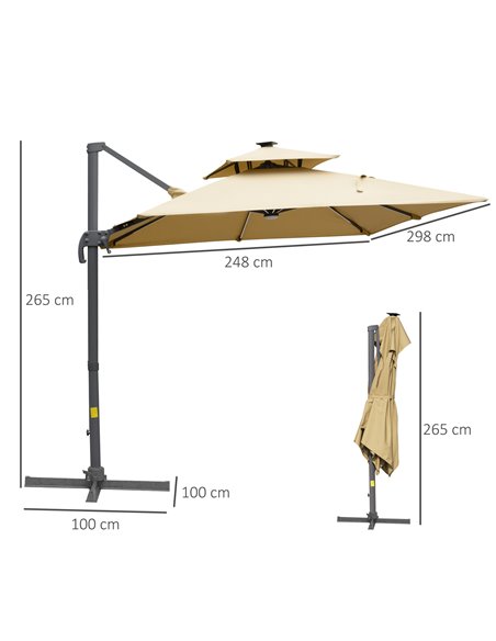 Outsunny 3m Cantilever Roma Parasol Adjustable Garden Sun Umbrella with Solar LED,  Tilt and Crank Handle, Cross Base for Lawn,  - pic 54704 | FastDaddyshop