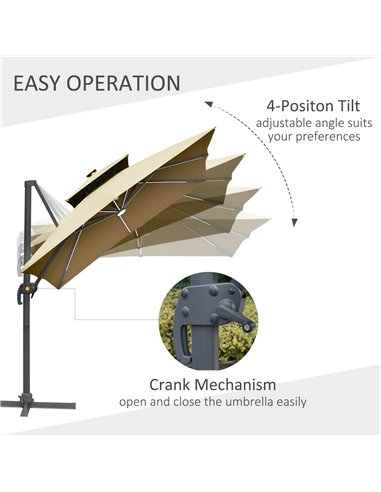 Outsunny 3m Cantilever Roma Parasol Adjustable Garden Sun Umbrella with Solar LED,  Tilt and Crank Handle, Cross Base for Lawn, 