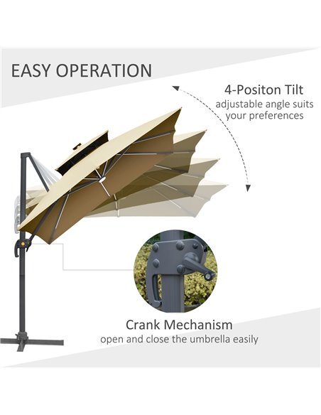 Outsunny 3m Cantilever Roma Parasol Adjustable Garden Sun Umbrella with Solar LED,  Tilt and Crank Handle, Cross Base for Lawn,  - pic 54706 | FastDaddyshop