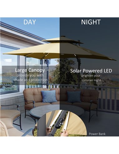 Outsunny 3m Cantilever Roma Parasol Adjustable Garden Sun Umbrella with Solar LED,  Tilt and Crank Handle, Cross Base for Lawn, 