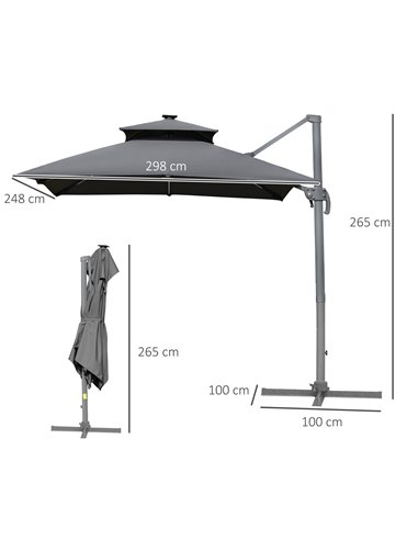 Outsunny 3m Cantilever Parasol, Outdoor Offset Patio Umbrella, Solar LED Lighted Hanging Sun Shade Canopy w/ Tilt and Crank Hand
