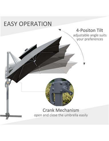 Outsunny 3m Cantilever Parasol, Outdoor Offset Patio Umbrella, Solar LED Lighted Hanging Sun Shade Canopy w/ Tilt and Crank Hand