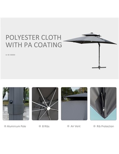 Outsunny 3m Cantilever Parasol, Outdoor Offset Patio Umbrella, Solar LED Lighted Hanging Sun Shade Canopy w/ Tilt and Crank Hand