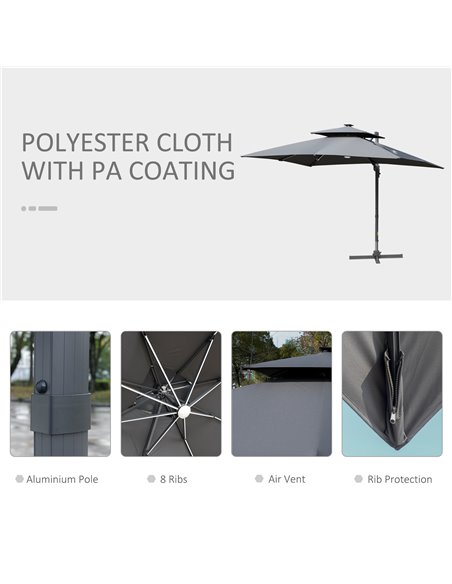 Outsunny 3m Cantilever Parasol, Outdoor Offset Patio Umbrella, Solar LED Lighted Hanging Sun Shade Canopy w/ Tilt and Crank Hand - pic 54716 | FastDaddyshop