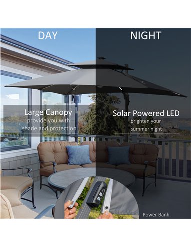 Outsunny 3m Cantilever Parasol, Outdoor Offset Patio Umbrella, Solar LED Lighted Hanging Sun Shade Canopy w/ Tilt and Crank Hand