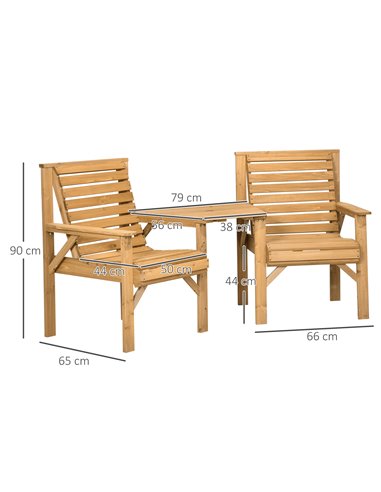 Outsunny Wooden Garden Love Seat, 2 Seater Jack & Jill Companion Seat with Coffee Table and Parasol Hole, Partner Bench, Partner